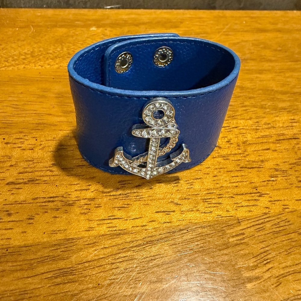 Blue Leather Bracelet with Anchor Charm